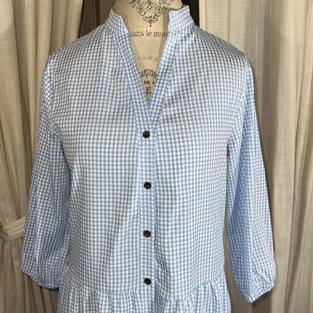 White & baby blue plaid prairie dress Dorothy style lightweight cool loose fit S - Picture 3 of 12